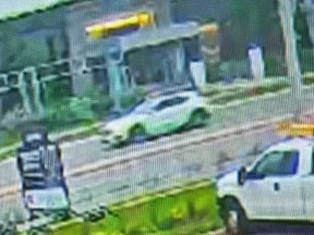 A white Mercedes-Benz sedan being sought by Peel Regional Police.