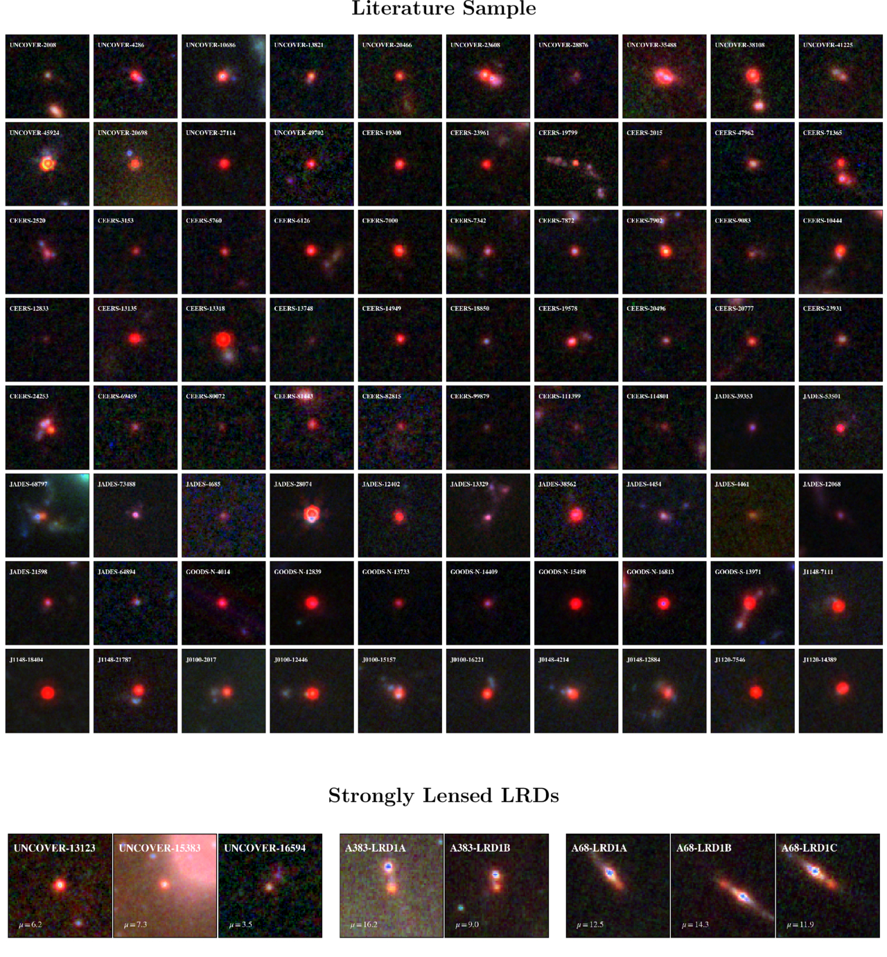 A series of small boxes showing red dots in deep space.