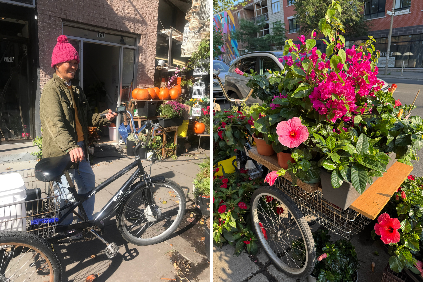 Two photos of a tricycle, one with Tamey Lau smiling and the other with flowers on the back.