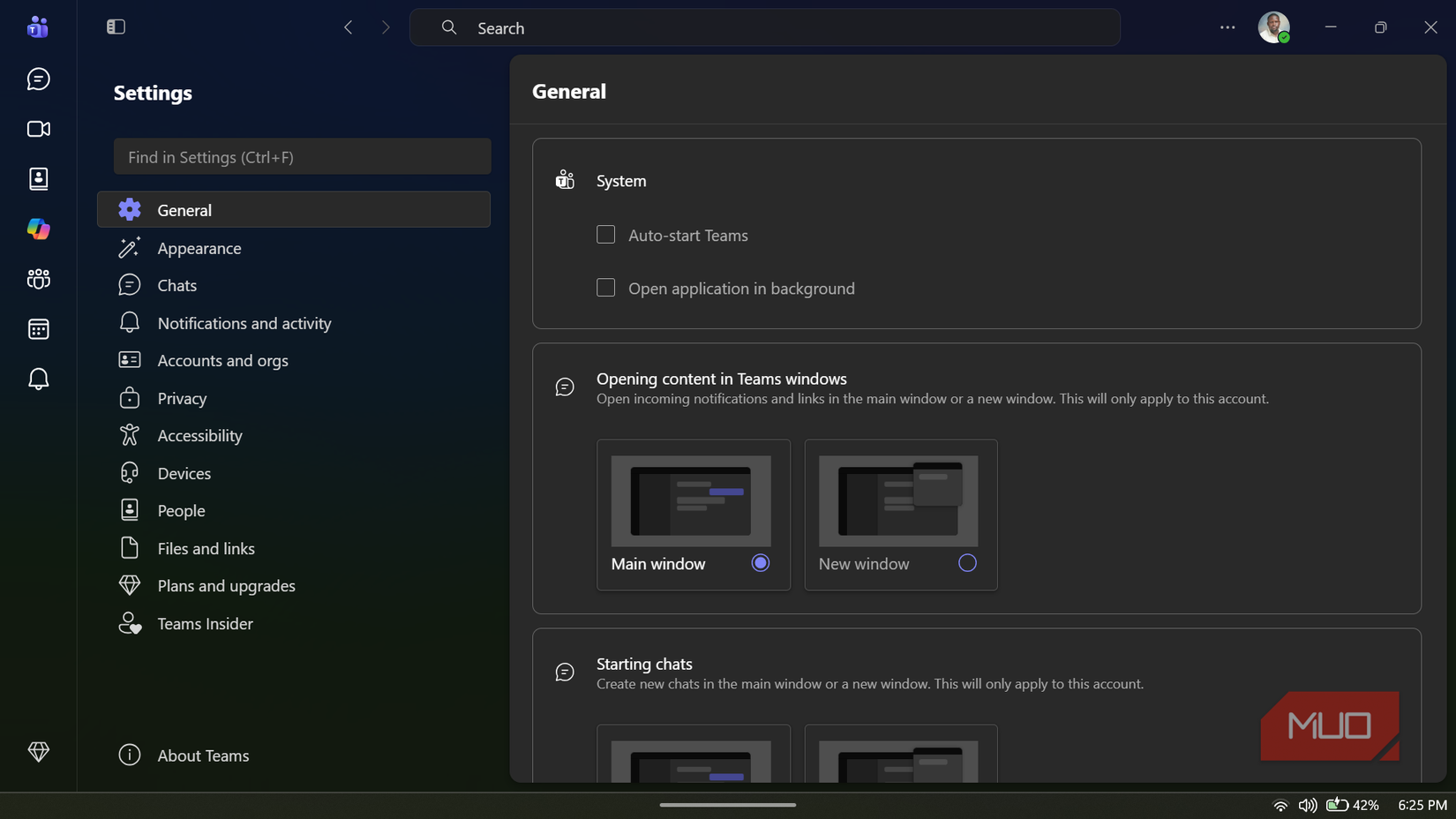 Teams general settings.