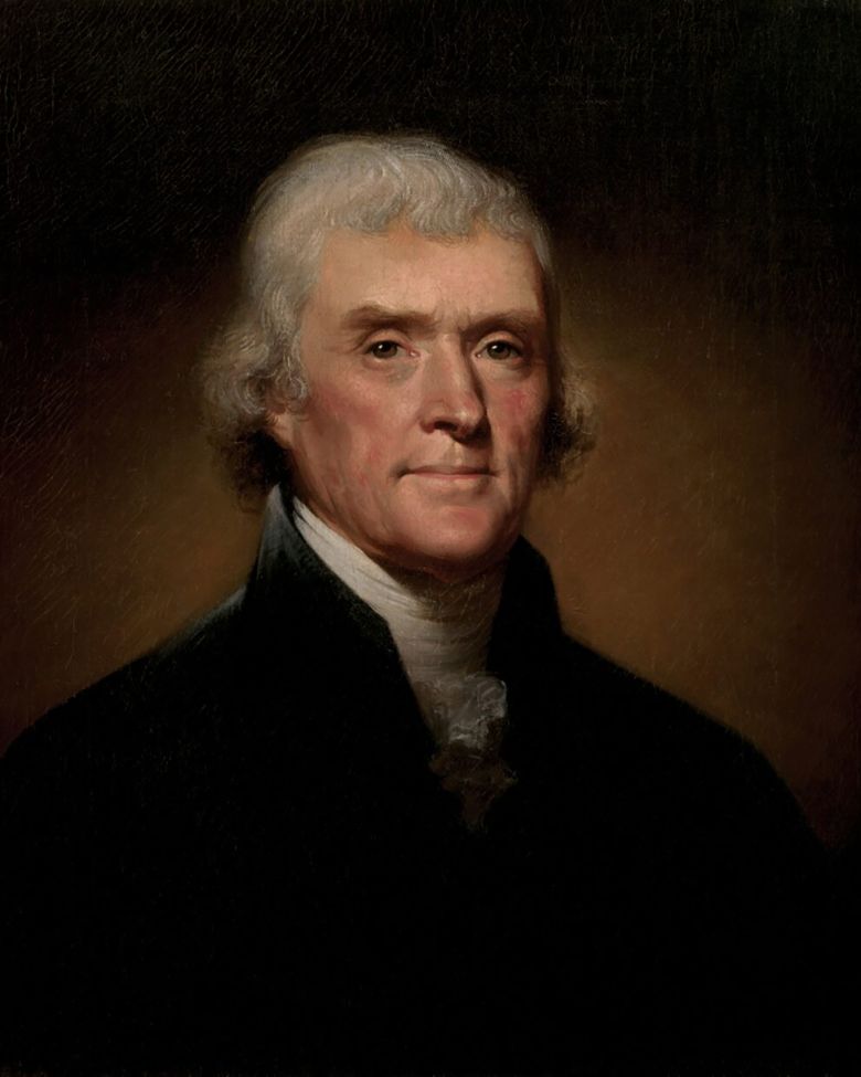 The official presidential portrait of Jefferson by Rembrandt Peale upon which the AI image is apparently based.