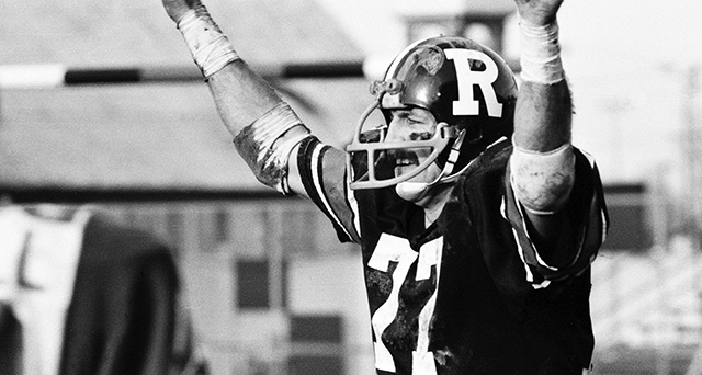 Ottawa Roughriders player celebrating black and white image