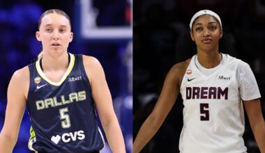 Split image of Paige Bueckers and Angel Reese.