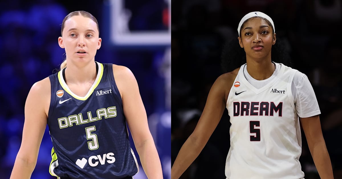 Split image of Paige Bueckers and Angel Reese.