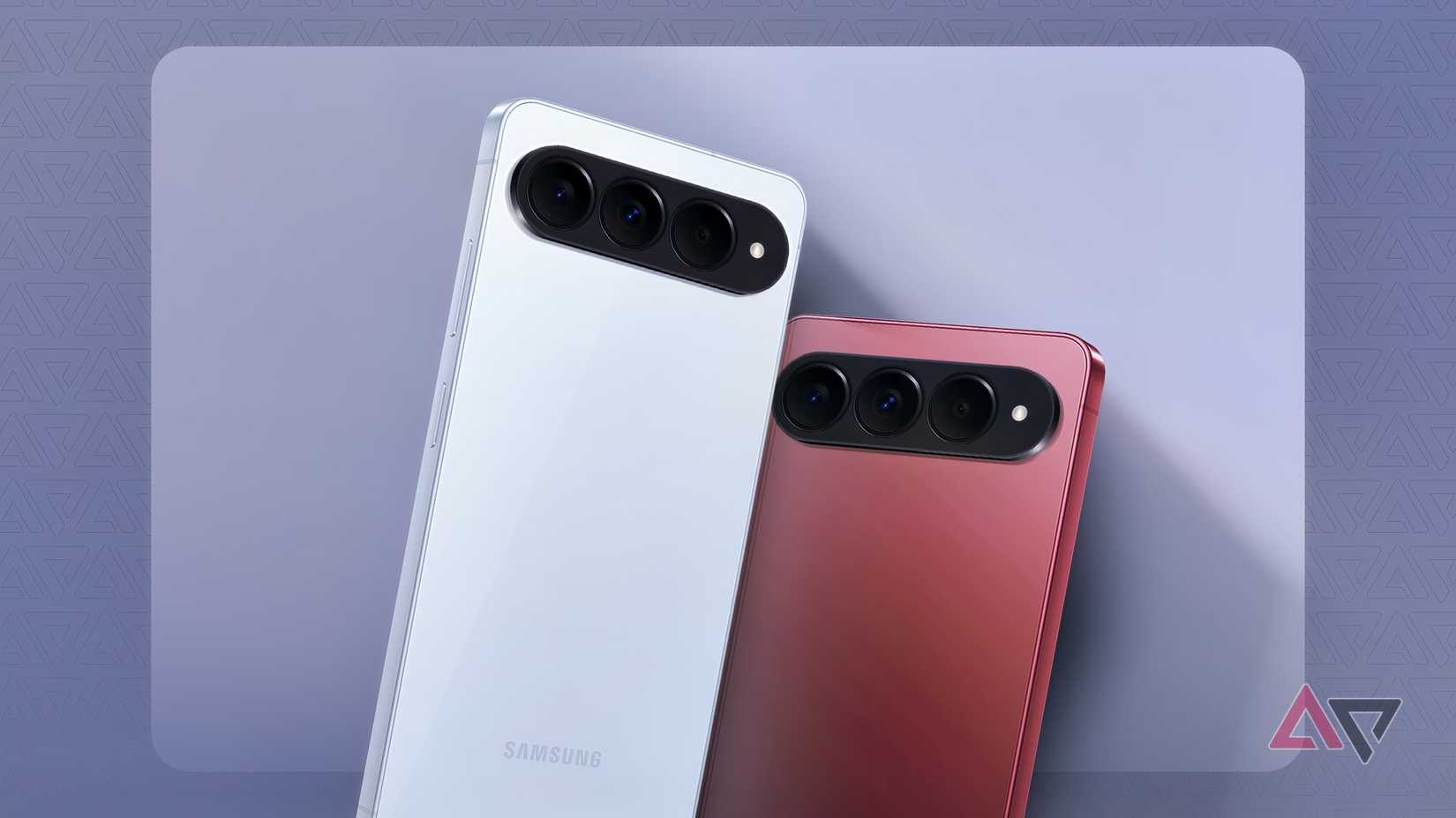 Two Samsung Galaxy S27 concept renders with triple-camera bars, shown in silver and red against a blue background.
