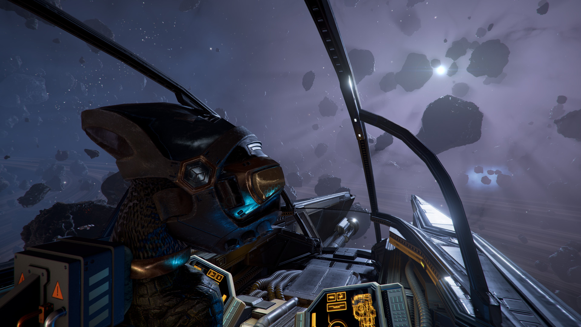 Screenshot from the space trading and combat game X4: Foundations, showing a view out of a spaceship's cockpit into an asteroid field.