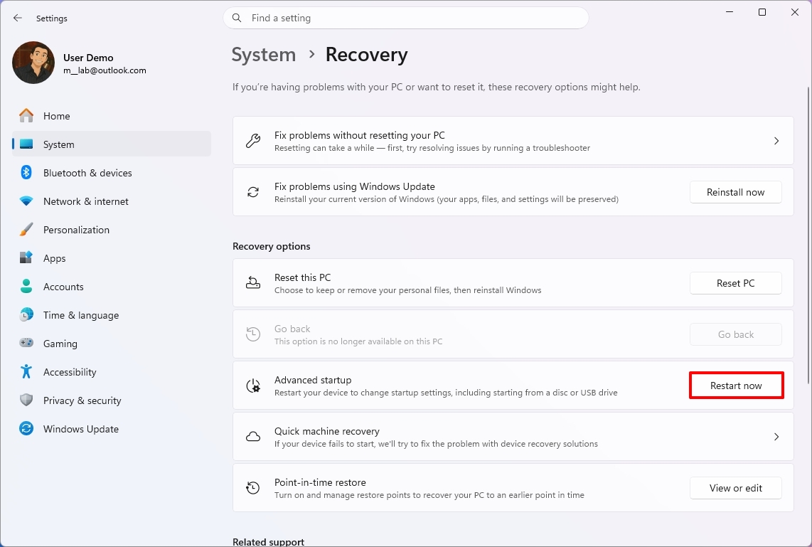 Windows 11 Settings in Recovery, highlighting the Advanced Startup setting.