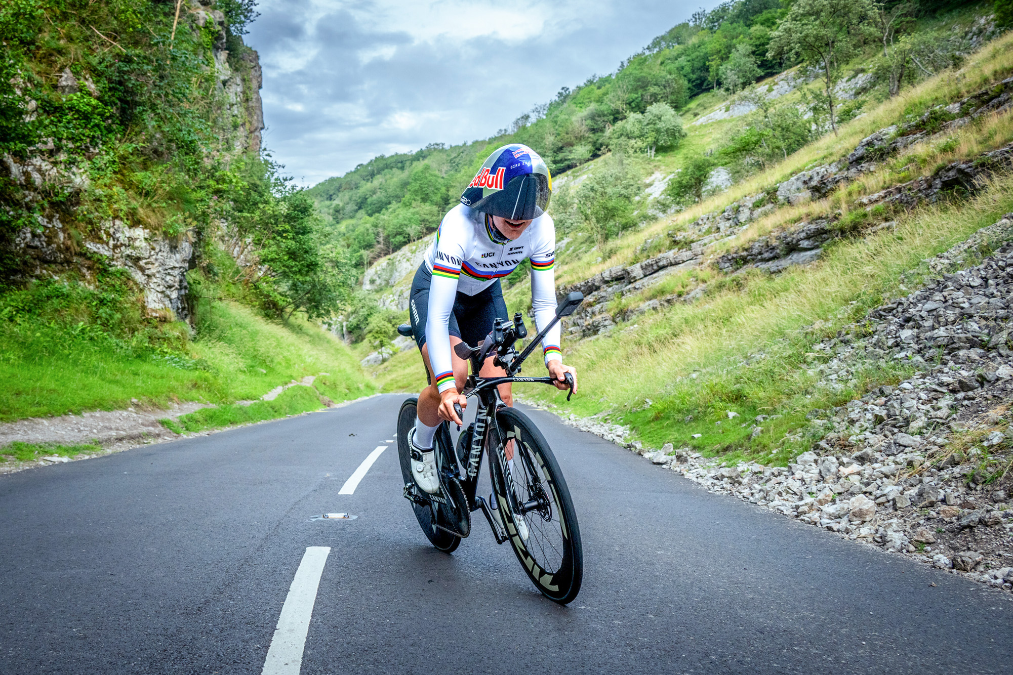 Zoe B&auml;ckstedt (Canyon-SRAM) racing up Cheddar Gorge for Red Bull UK