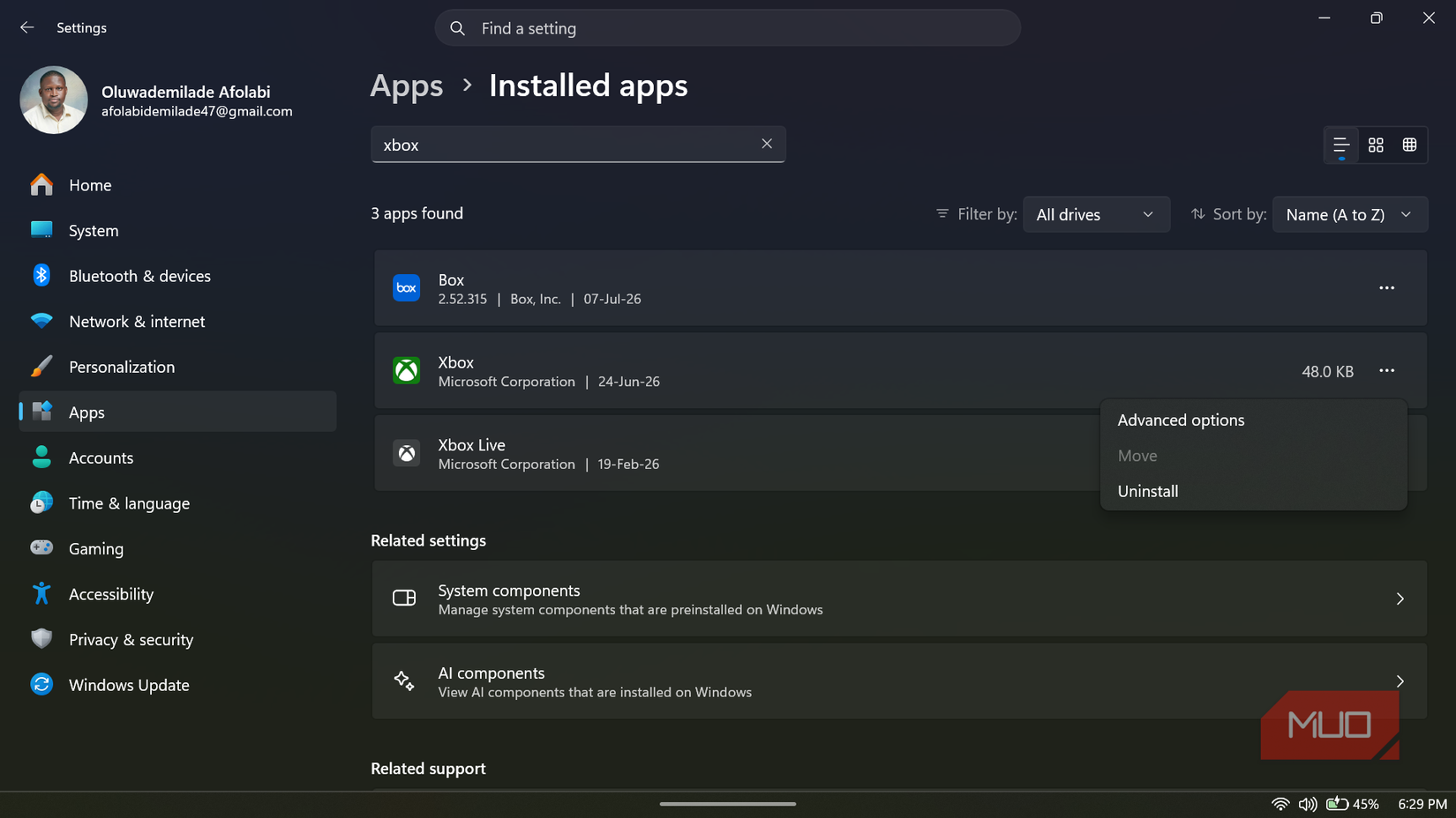 Uninstalling Xbox app from Windows settings