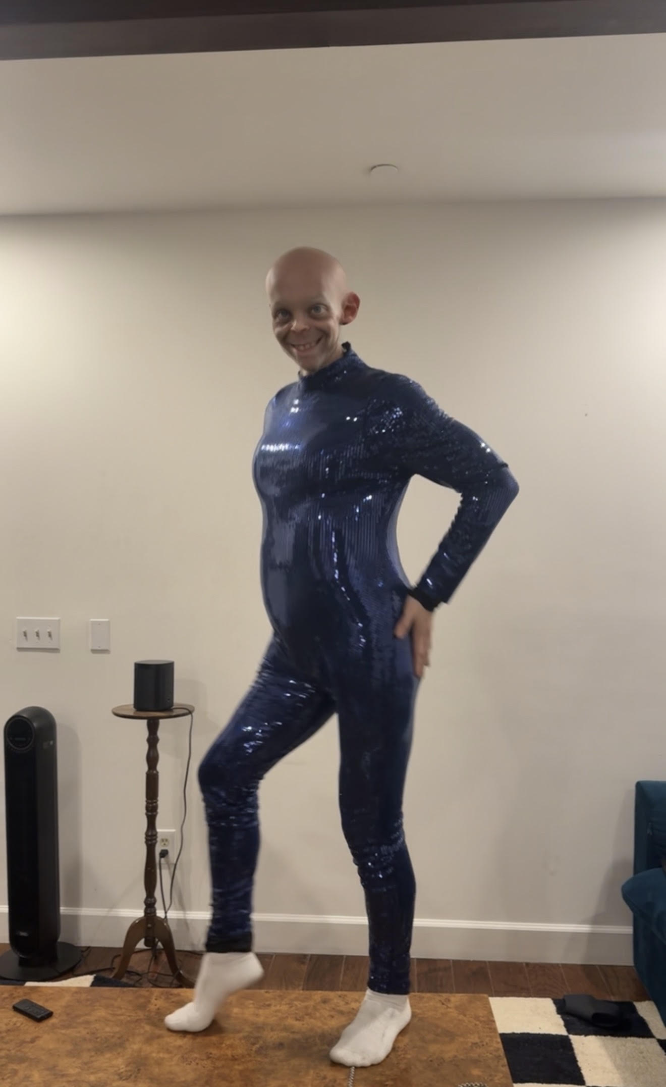Katya Zamolodchikova in a blue sequin catsuit