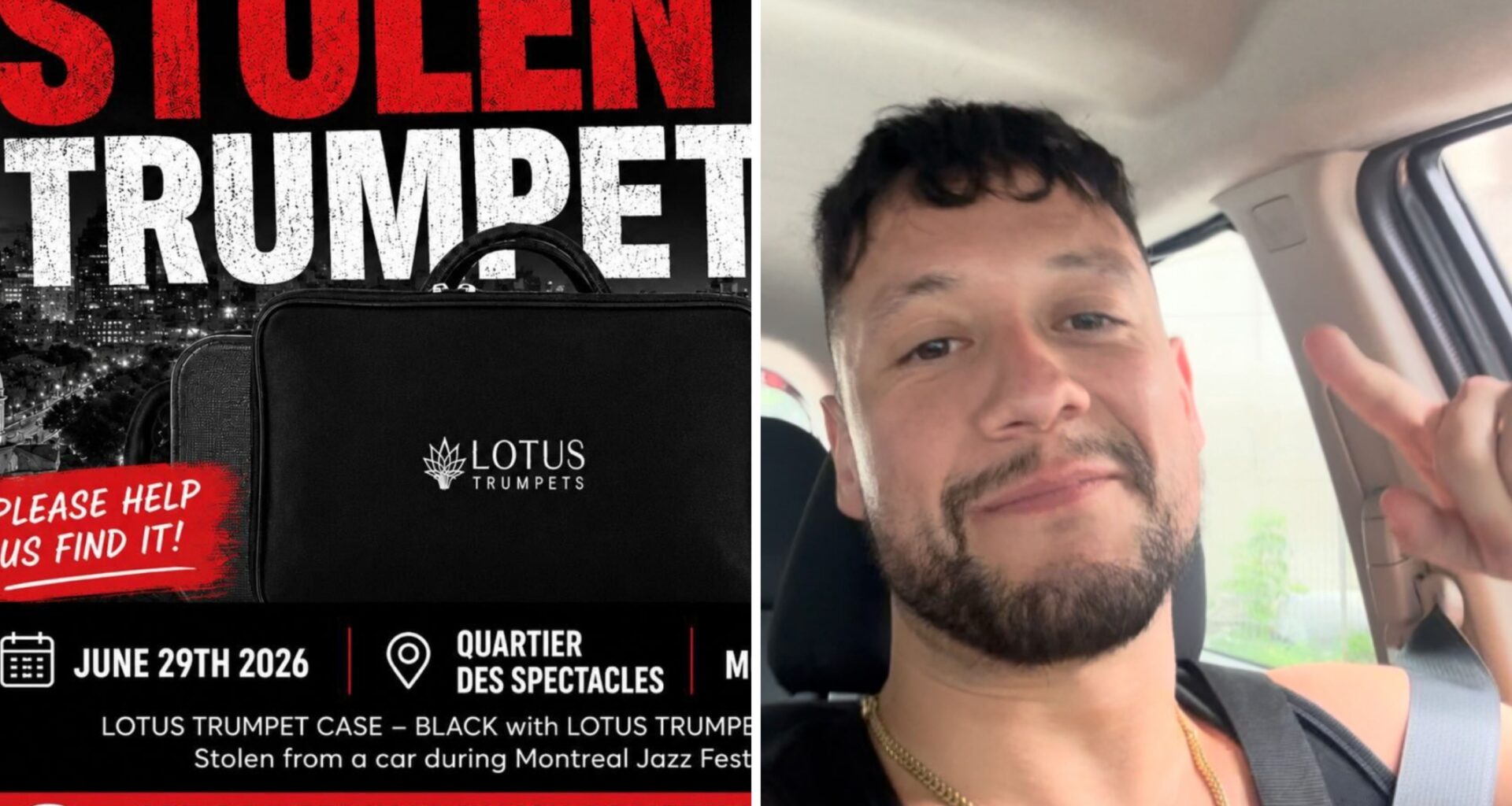 Composite image shows a poster that says STOLEN TRUMPET PLEASE HELP US FIND IT and an image of the musician