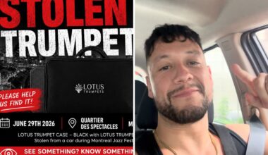 Composite image shows a poster that says STOLEN TRUMPET PLEASE HELP US FIND IT and an image of the musician
