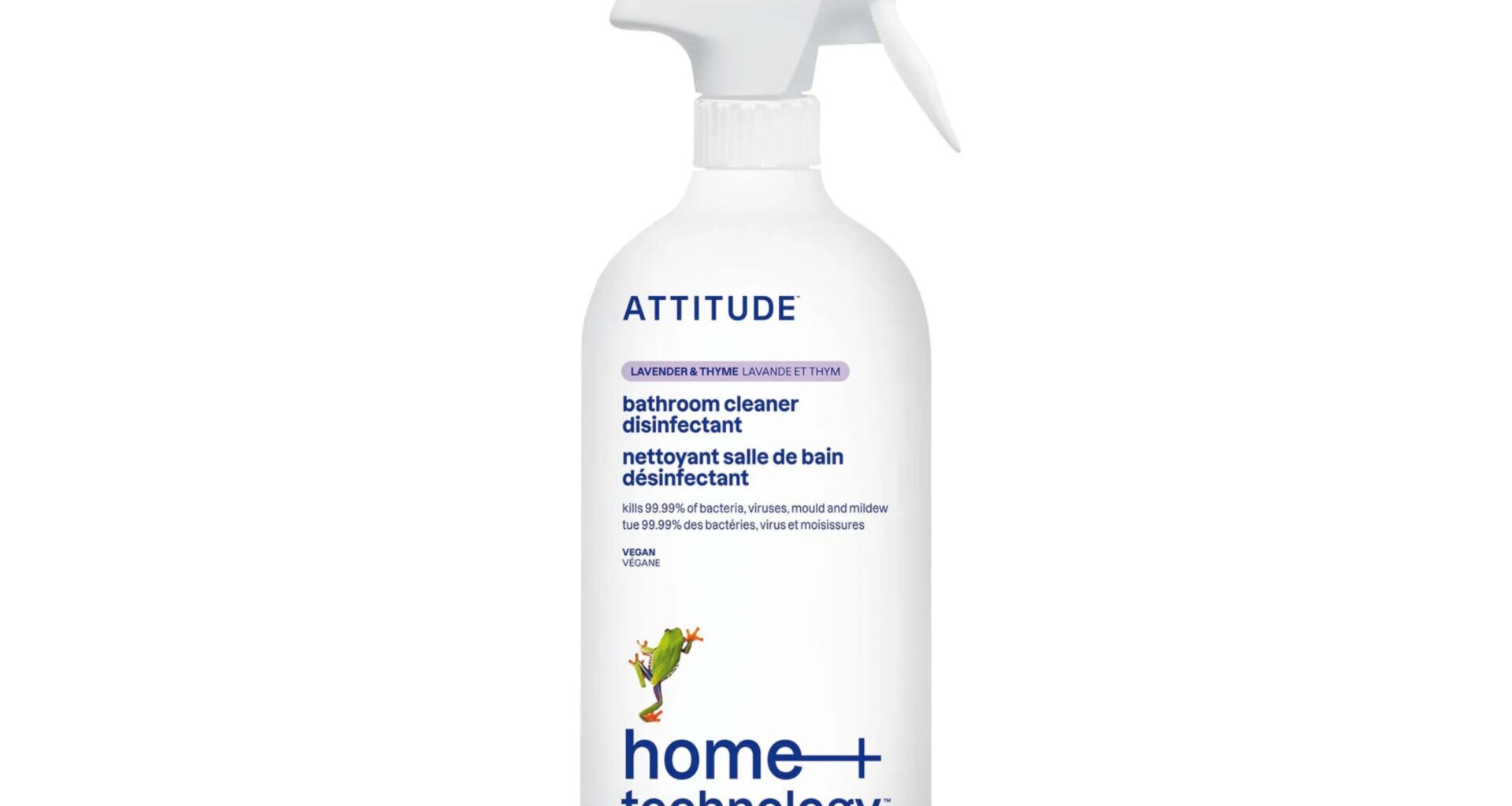 A plastic spray bottle of bathroom cleaner.