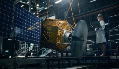 A technician standing next to a satellite.