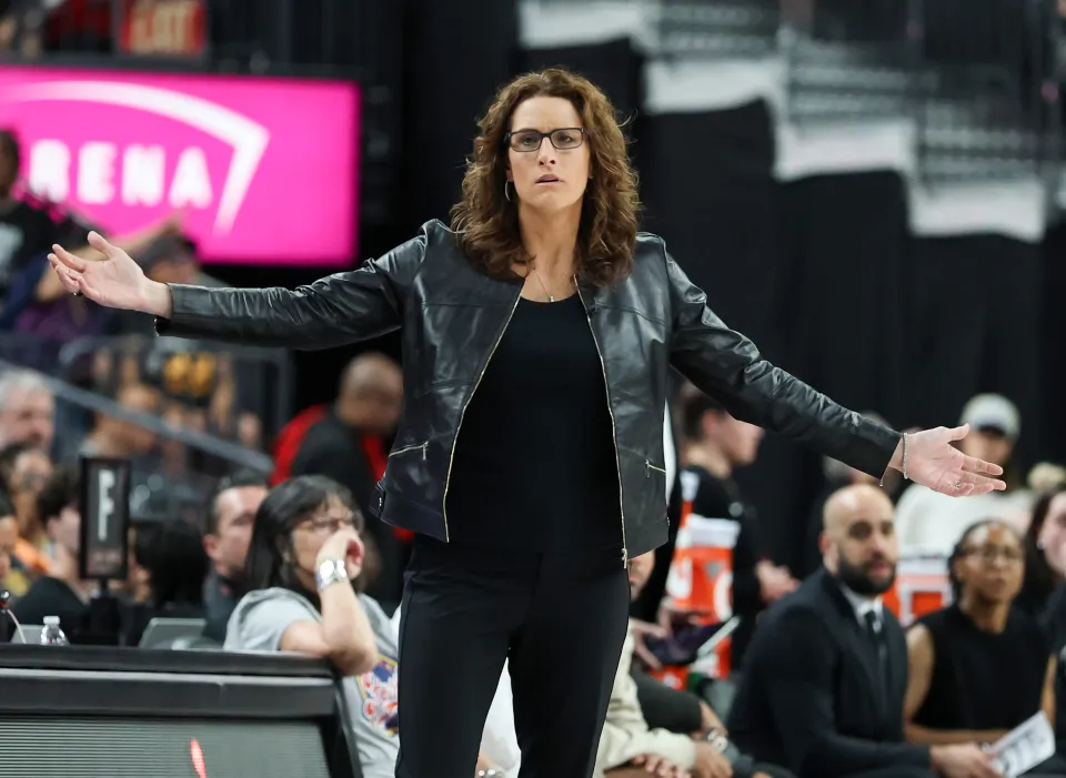 Head coach Stephanie White of the Indiana Fever gestures in the first quarter of a game against the Las Vegas Aces at T-Mobile Arena on July 05, 2026
