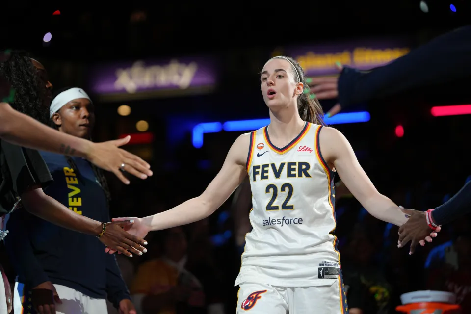 Caitlin Clark 22 of the Indiana Fever is introduced before the game against the Connecticut Sun on July 22, 2026