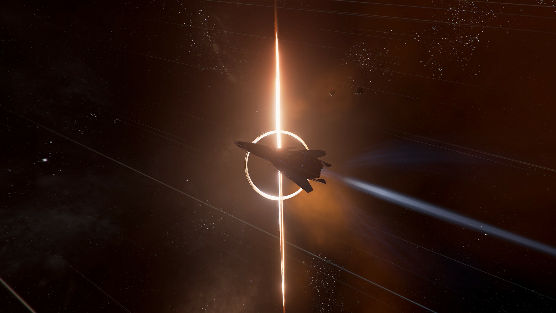 Screenshot from the space trading and combat game X4: Foundations, showing a spaceship flying in front of a black hole.