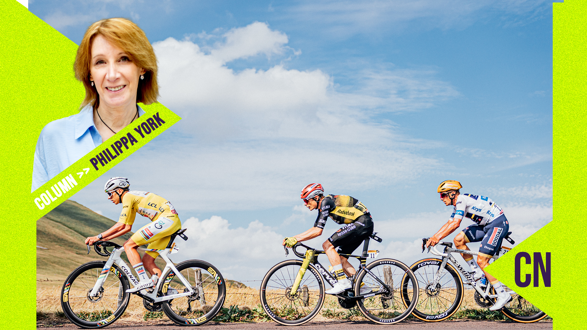 Side shot of Tadej Pogacar and Jonas Vingegaard riding across a blue sky background, overlaid with Philippa York columnist graphic