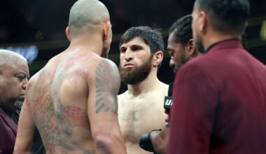 LAS VEGAS, NEVADA - OCTOBER 04: Magomed Ankalaev looks on prior to a light heavyweight title bout against Alex Pereira of Brazil in UFC 320: Ankalaev vs Pereira 2 at T-Mobile Arena on October 04, 2025 in Las Vegas, Nevada.
