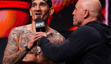 LAS VEGAS, NEVADA - MARCH 06: Max Holloway speaks to the crowd during the UFC 326 ceremonial weigh-in at MGM Grand Garden Arena on March 06, 2026 in Las Vegas, Nevada.