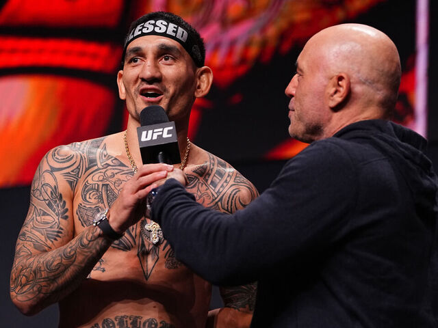 LAS VEGAS, NEVADA - MARCH 06: Max Holloway speaks to the crowd during the UFC 326 ceremonial weigh-in at MGM Grand Garden Arena on March 06, 2026 in Las Vegas, Nevada.