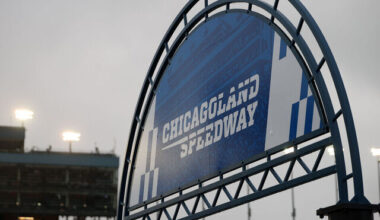 JOLIET, ILLINOIS - JULY 04: A general view of the "Chicagoland Speedway" signage during a weather delay of the NASCAR O'Reilly Auto Parts Series Cuervo 300 at Chicagoland Speedway on July 04, 2026 in Joliet, Illinois.