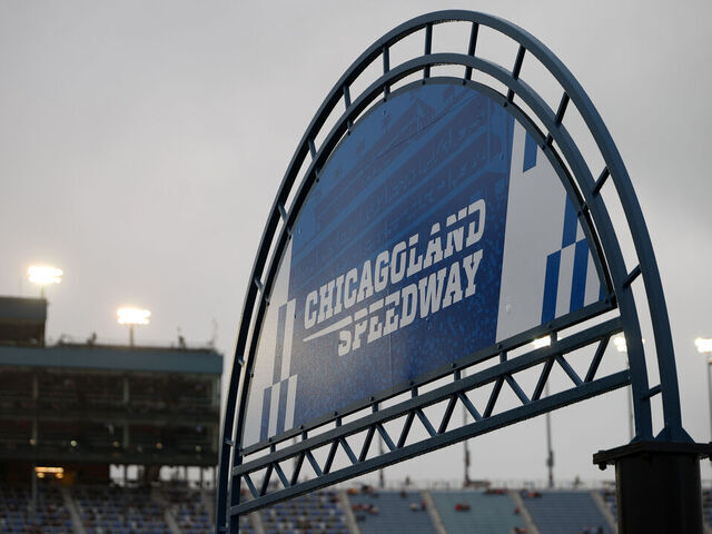 JOLIET, ILLINOIS - JULY 04: A general view of the "Chicagoland Speedway" signage during a weather delay of the NASCAR O'Reilly Auto Parts Series Cuervo 300 at Chicagoland Speedway on July 04, 2026 in Joliet, Illinois.