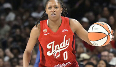 LAS VEGAS, NV - JULY 12: Kelsey Mitchell #0 of the Indiana Fever dribbles the ball during the game against the Las Vegas Aces on July 12, 2026 at Michelob ULTRA Arena in Las Vegas, Nevada. Mandatory Copyright Notice: Copyright 2026 NBAE