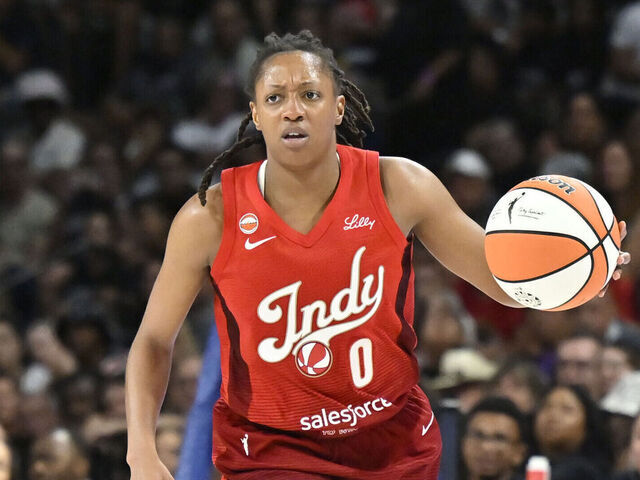 LAS VEGAS, NV - JULY 12: Kelsey Mitchell #0 of the Indiana Fever dribbles the ball during the game against the Las Vegas Aces on July 12, 2026 at Michelob ULTRA Arena in Las Vegas, Nevada. Mandatory Copyright Notice: Copyright 2026 NBAE