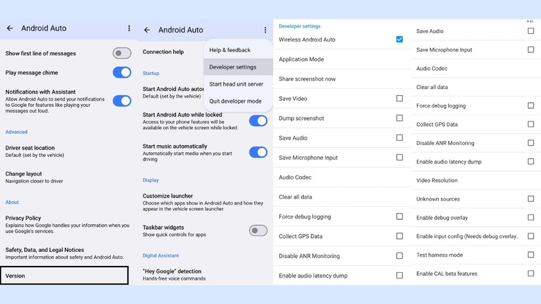 Screenshots of the Android Auto Developer settings