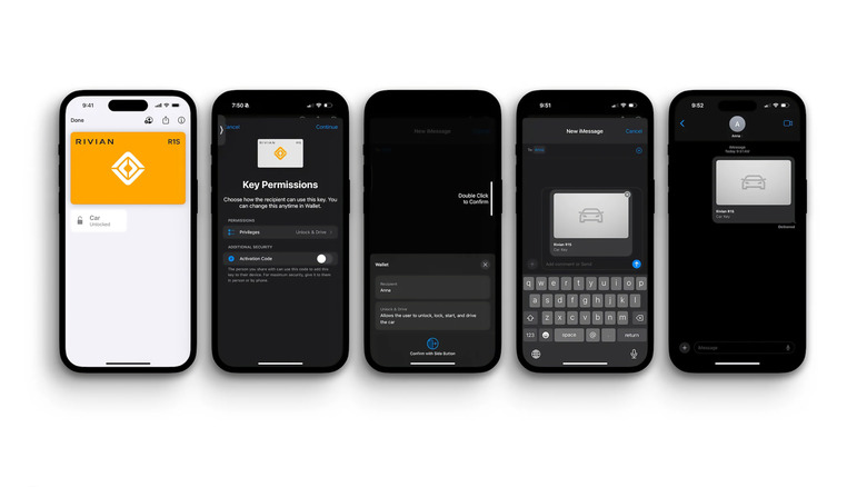 Screenshots of a Rivian digital key on the iPhone and sharing the key with other people.