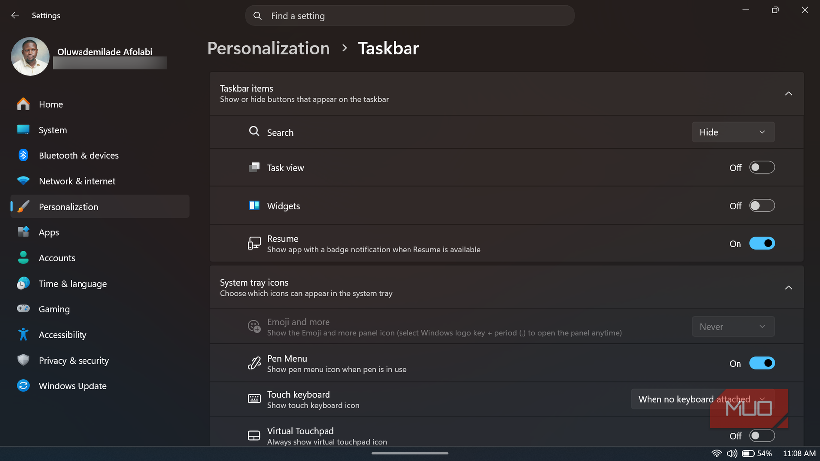 Windows 11 Taskbar settings showing the Widgets taskbar item toggled off.-1