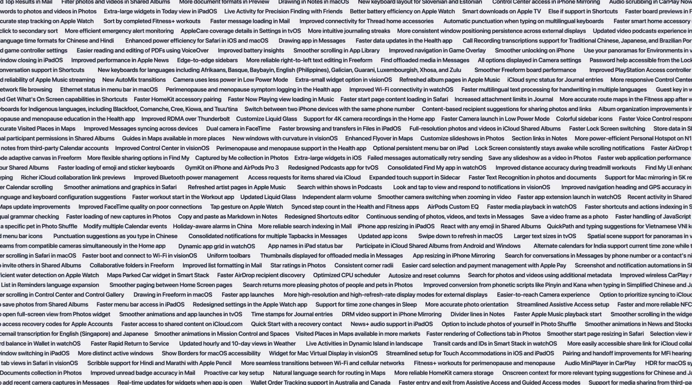 Apple’s wall of words from the keynote, showing all the little changes it’s bringing to Golden Gate and its other operating systems.