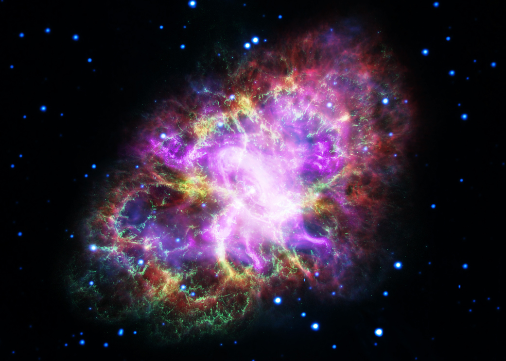 The Crab Nebula as seen by the Hubble Space Telescope and ground-based telescopes in a composite view The nebula is the aftermath of a brilliant supernova spotted in 1054.