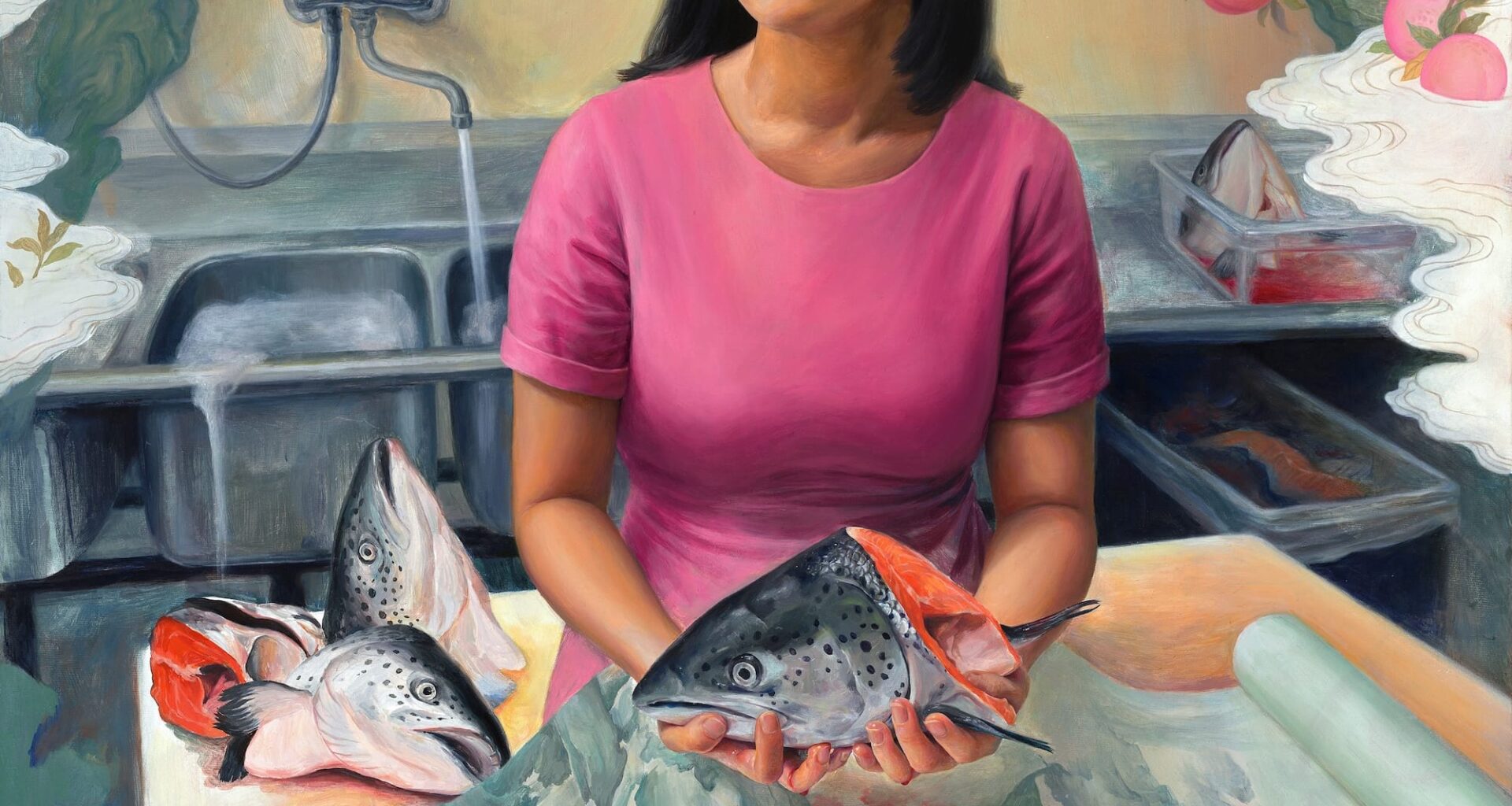 a painting of a young Asian woman seated on a kitchen counter with a roll of paper over her lap and the head of a salmon in her hands