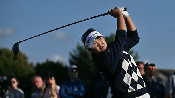 South Korea's Haeran Ryu watches a drive from the 18th tee on the second day of the 2026 Women's British Open Golf Championships at Royal Lytham & St. Annes Golf Club, north-west England, on July 31, 2026. 