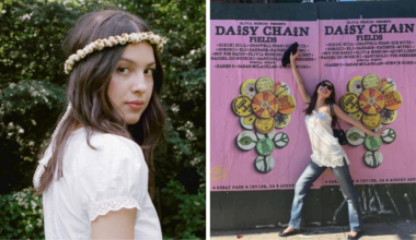 On the left, Olivia Rodrigo wears a crown made of daisies. To the right, she is pictured with her arms wide open against a pink backdrop.