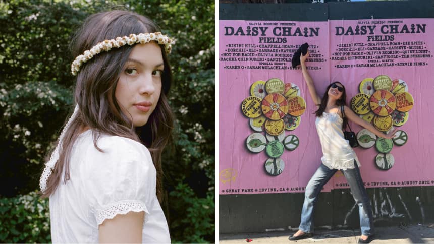 On the left, Olivia Rodrigo wears a crown made of daisies. To the right, she is pictured with her arms wide open against a pink backdrop.