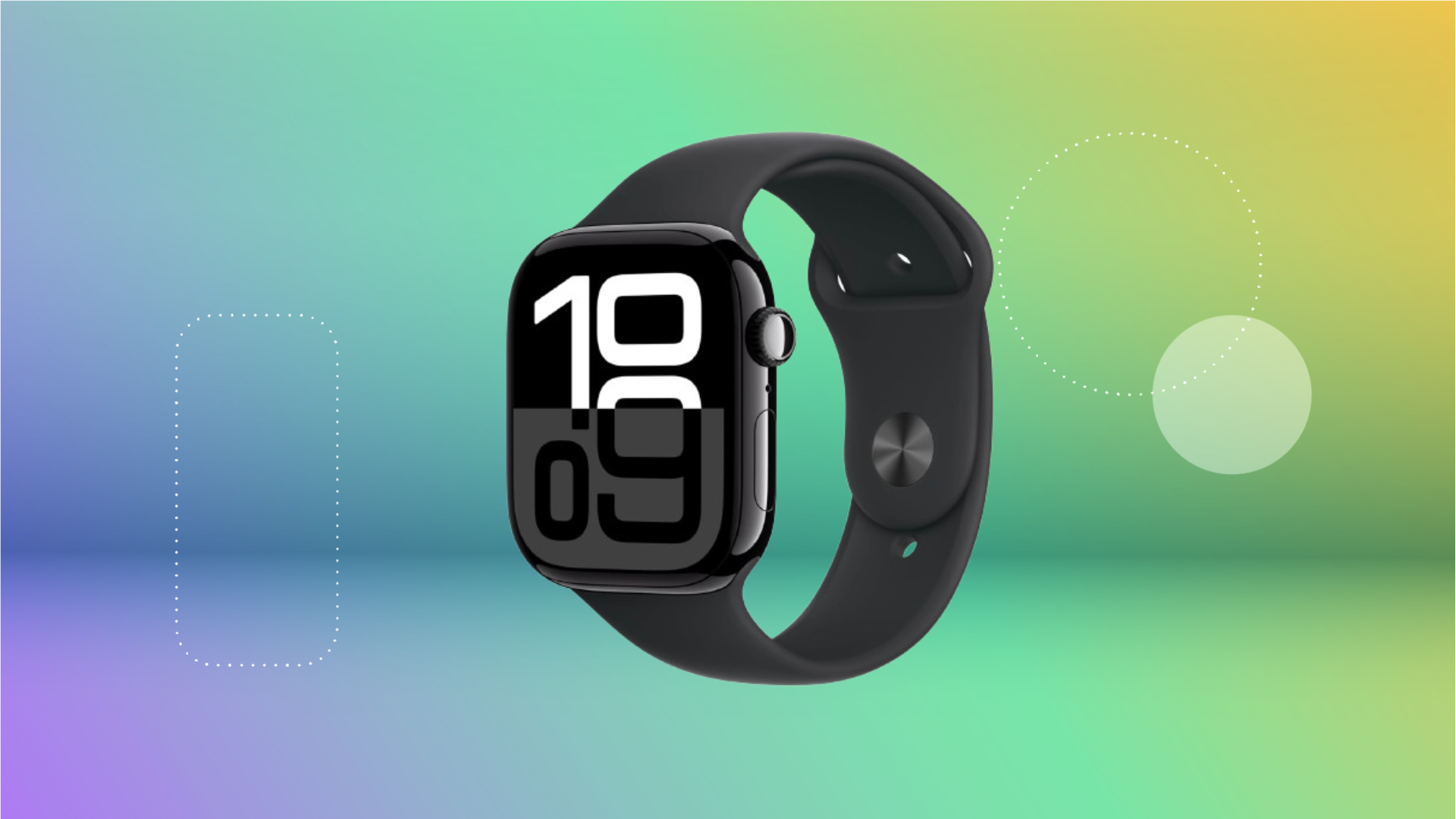 Black Apple Watch 10 series against purple, blue, green and yellow gradient background.