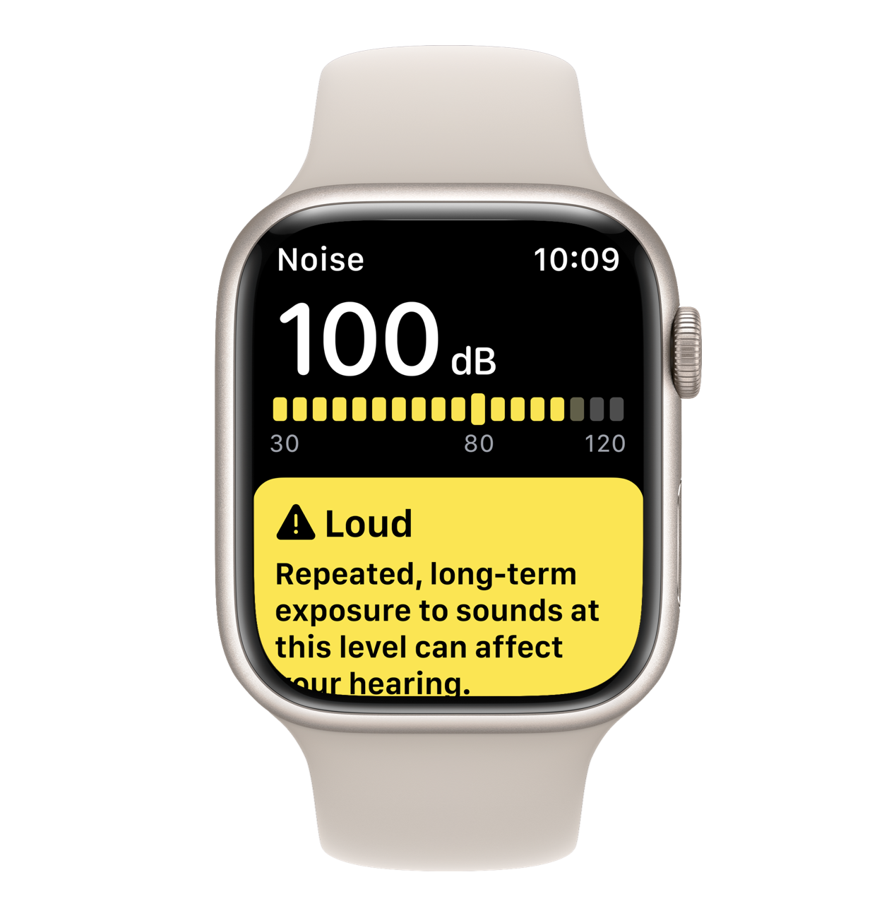 An Apple Watch screen showing a loud noise exposure notification.