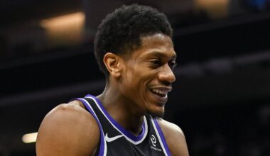 Feb 4, 2026; Sacramento, California, USA; Sacramento Kings forward De’Andre Hunter (15) argues a call during the second quarter against the Memphis Grizzlies at Golden 1 Center. Mandatory Credit: Ed Szczepanski-Imagn Images
