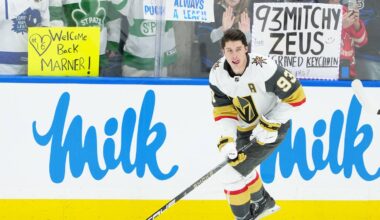 Jan 23, 2026; Toronto, Ontario, CAN; Vegas Golden Knights right wing Mitch Marner (93) skates during the warm-up before a game against the Toronto Maple Leafs at Scotiabank Arena. Mandatory Credit: Nick Turchiaro-Imagn Images
