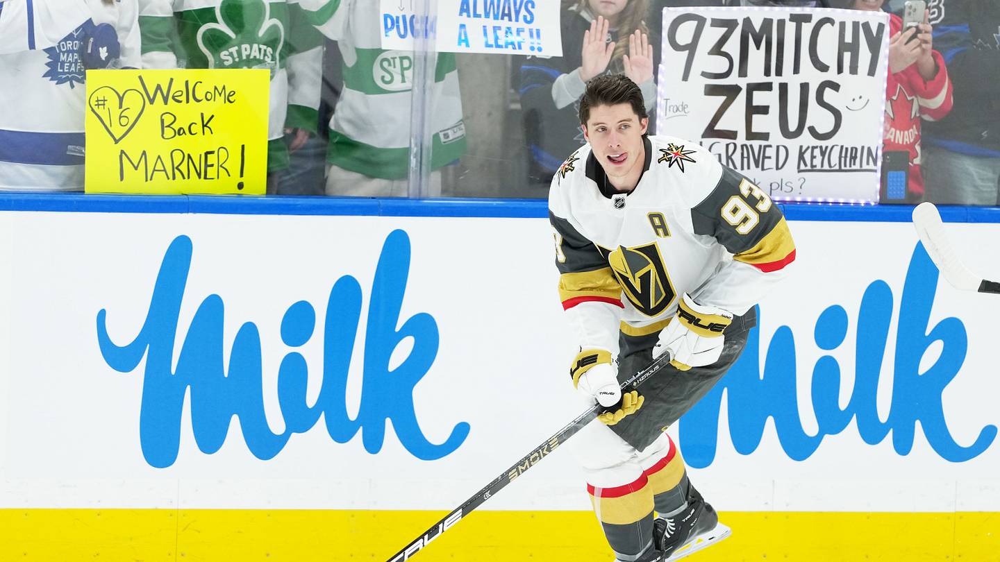 Jan 23, 2026; Toronto, Ontario, CAN; Vegas Golden Knights right wing Mitch Marner (93) skates during the warm-up before a game against the Toronto Maple Leafs at Scotiabank Arena. Mandatory Credit: Nick Turchiaro-Imagn Images