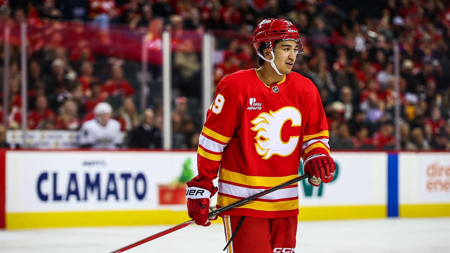 Apr 16, 2026; Calgary, Alberta, CAN; Calgary Flames defenseman Zayne Parekh (19) against the Los Angeles Kings during the second period at Scotiabank Saddledome. Mandatory Credit: Sergei Belski-Imagn Images