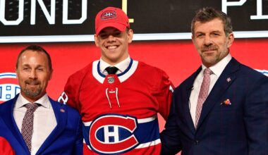 Jesperi Kotkaniemi stands with team representatives, including Montreal Canadiens general manager Marc Bergevin in the first round of the 2018 NHL Draft: Jerome Miron-USA TODAY Sports