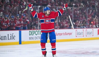 May 16, 2026; Montreal, Quebec, CAN; Montreal Canadiens defenseman Arber Xhekaj (72) reacts after scoring a goal against the Buffalo Sabres during the first period in game six of the second round of the 2026 Stanley Cup Playoffs at Bell Centre. Mandatory Credit: David Kirouac-Imagn Images