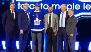 Jun 28, 2024; Las Vegas, Nevada, USA; Ben Danford is selected by the Toronto Maple Leafs with the 31st overall pick in the first round of the 2024 NHL Draft at The Sphere. Mandatory Credit: Stephen R. Sylvanie-USA TODAY Sports