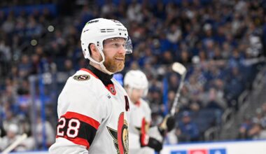 Mar 28, 2026; Tampa, Florida, USA; Ottawa Senators right wing Claude Giroux (28) skates during the second period against Tampa Bay Lightning at Benchmark International Arena. Mandatory Credit: Pablo Robles-Imagn Images