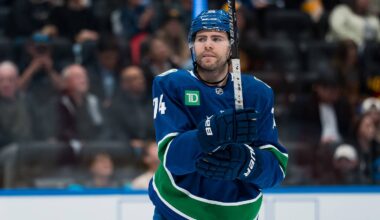 Mar 24, 2026; Vancouver, British Columbia, CAN; Vancouver Canucks forward Jake DeBrusk (74) during a stop in play against the Anaheim Ducks in the second period at Rogers Arena. Mandatory Credit: Bob Frid-Imagn Images
