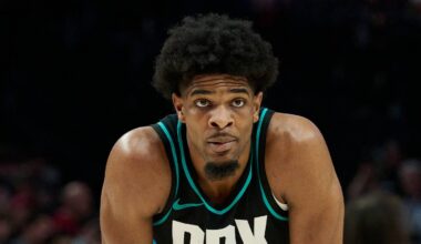 Apr 12, 2026; Portland, Oregon, USA; Portland Trail Blazers guard Scoot Henderson (00) waits during a break in action during the second half against the Sacramento Kings at Moda Center. Mandatory Credit: Troy Wayrynen-Imagn Images